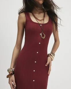 Orange Wide Rib Button Front Midi Dress
