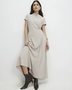 Petite Beige Fitted Waist Maxi Dress
