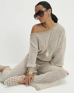 Petite Beige Striped Knitted Trousers