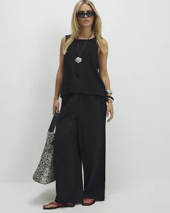 Petite Black Linen Blend Wide Leg Trousers