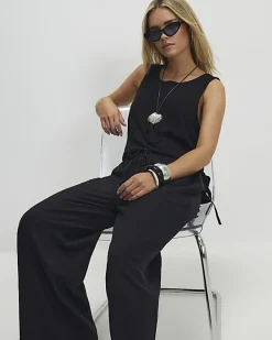 Petite Black Linen Blend Wide Leg Trousers