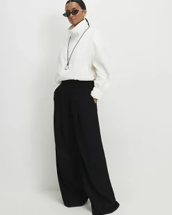 Petite Black Pleated Wide Leg Trousers