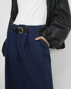 Petite Blue Belted Pleated Wide Leg Jeans
