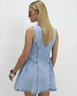 Petite Blue Button Front Denim Mini Dress