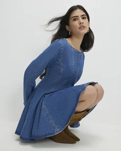 Petite Blue Seamed Denim Mini Dress