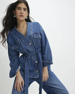 Petite Blue Tie front Denim Jacket