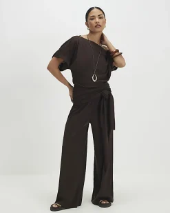 Petite Brown Banded Hem Drape Top
