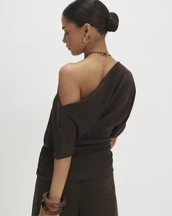 Petite Brown Banded Hem Drape Top