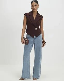 Petite Brown Cap Sleeve Twill Waistcoat