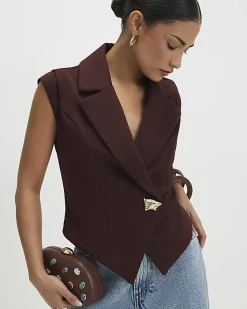 Petite Brown Cap Sleeve Twill Waistcoat