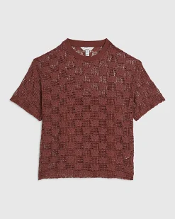 Petite Brown Crochet Lace Top