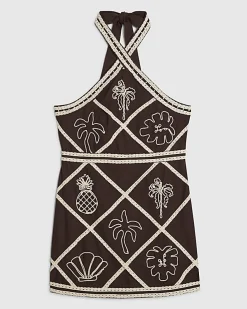 Petite Brown Embroidered Halter Mini Dress