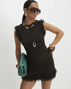 Petite Brown Knitted Fringe Trim Mini Dress