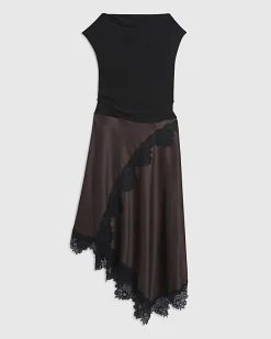 Petite Brown Lace Hybrid Drape Midi Dress