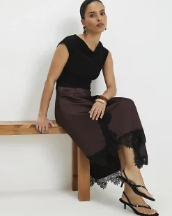 Petite Brown Lace Hybrid Drape Midi Dress