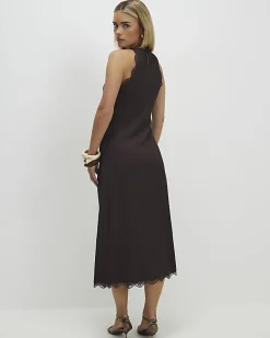 Petite Brown Lace Trim Textured Dress