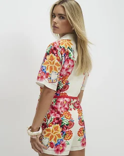 Petite Cream Floral Collared Playsuit
