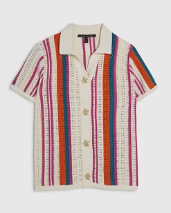 Petite Cream Striped Crochet Shirt