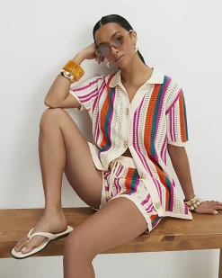Petite Cream Striped Crochet Shirt