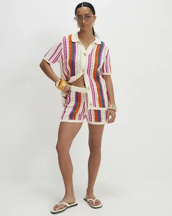 Petite Cream Striped Crochet Shirt