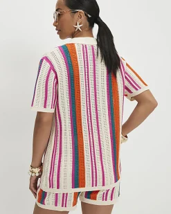 Petite Cream Striped Crochet Shirt
