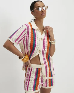 Petite Cream Striped Crochet Shorts