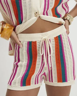 Petite Cream Striped Crochet Shorts