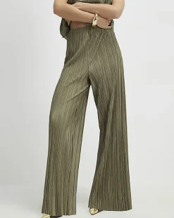 Petite Green Plisse Wide Leg Trousers