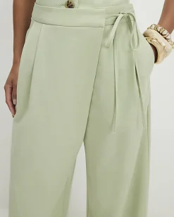 Petite Green Wrap Detail Wide Leg Trousers