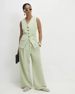 Petite Green Wrap Detail Wide Leg Trousers