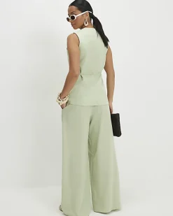 Petite Green Wrap Detail Wide Leg Trousers