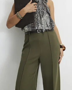 Petite Khaki Belted Straight Leg Trousers