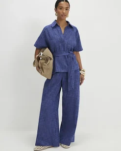 Petite Navy Cotton Collared Belted Top