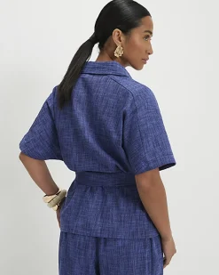 Petite Navy Cotton Collared Belted Top