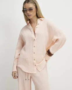 Petite Pink Crinkle Long Sleeve Beach Shirt