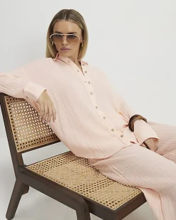 Petite Pink Crinkle Long Sleeve Beach Shirt