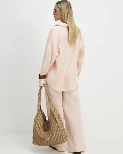 Petite Pink Crinkle Wide Leg Trousers