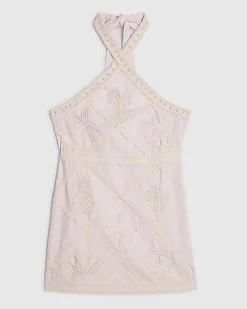 Petite Pink Embroidered Halter Mini Dress