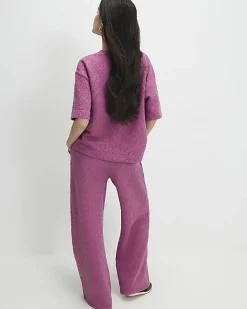 Petite Pink Jacquard Wide Leg Trousers