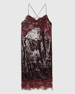 Petite Red Sequin Lace Trim Cami Midi Dress