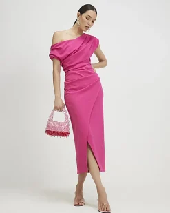 Pink Asymmetric Drape Wrap Midi Dress