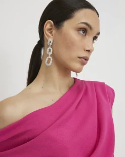 Pink Asymmetric Drape Wrap Midi Dress