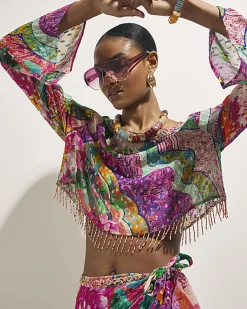 Pink Beaded Fringe Beach Crop Top