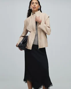 Pink Belted Funnel Neck Leather Jacket
