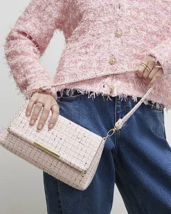 Pink Boucle Bar Front Clutch Bag