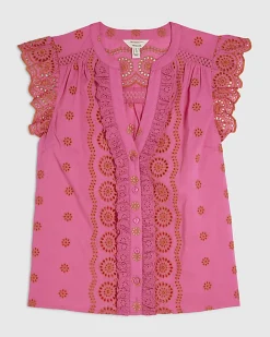 Pink Broderie Frill Sleeve Blouse