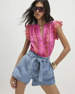 Pink Broderie Frill Sleeve Blouse