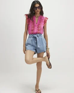Pink Broderie Frill Sleeve Blouse