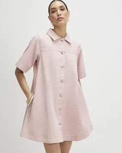 Pink Button Through Denim Dress