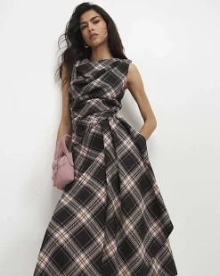 Pink Check Cowl Neck Asymmetric Midi Dress